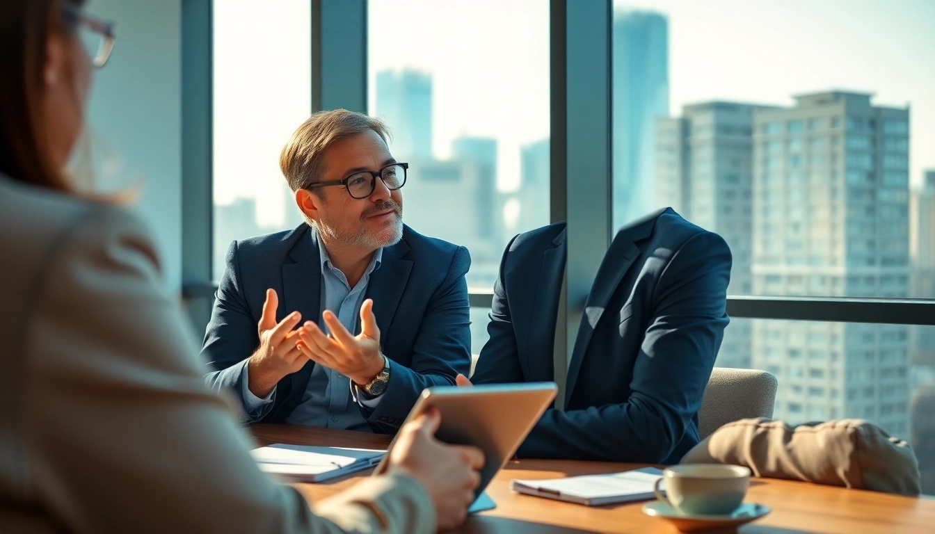 A corporate coach actively engaging with an executive in a modern office, demonstrating effective coaching techniques.