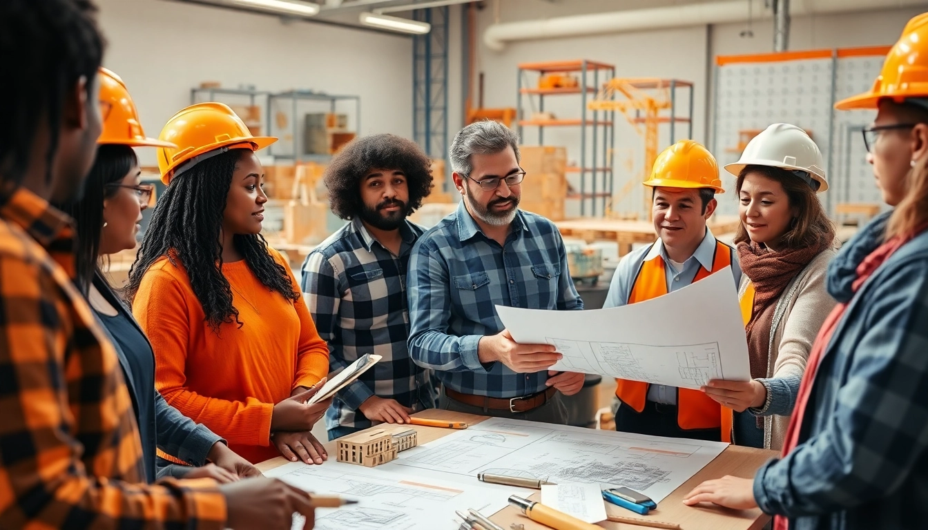 Engaged learners in a construction education workshop reviewing blueprints, highlighting collaboration and skill development.