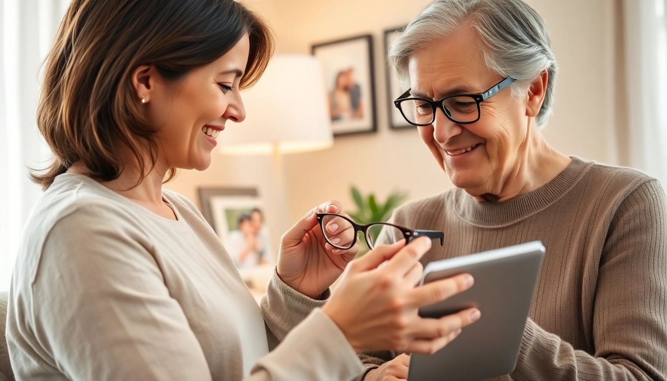 Providing in home senior care, a caregiver assists an elderly person in a cozy living room.