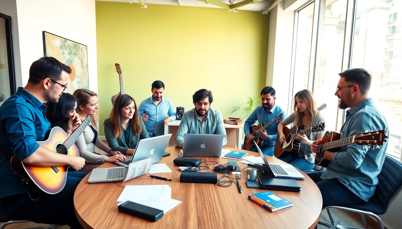Engagement of a music pr agency team in a creative office setting.