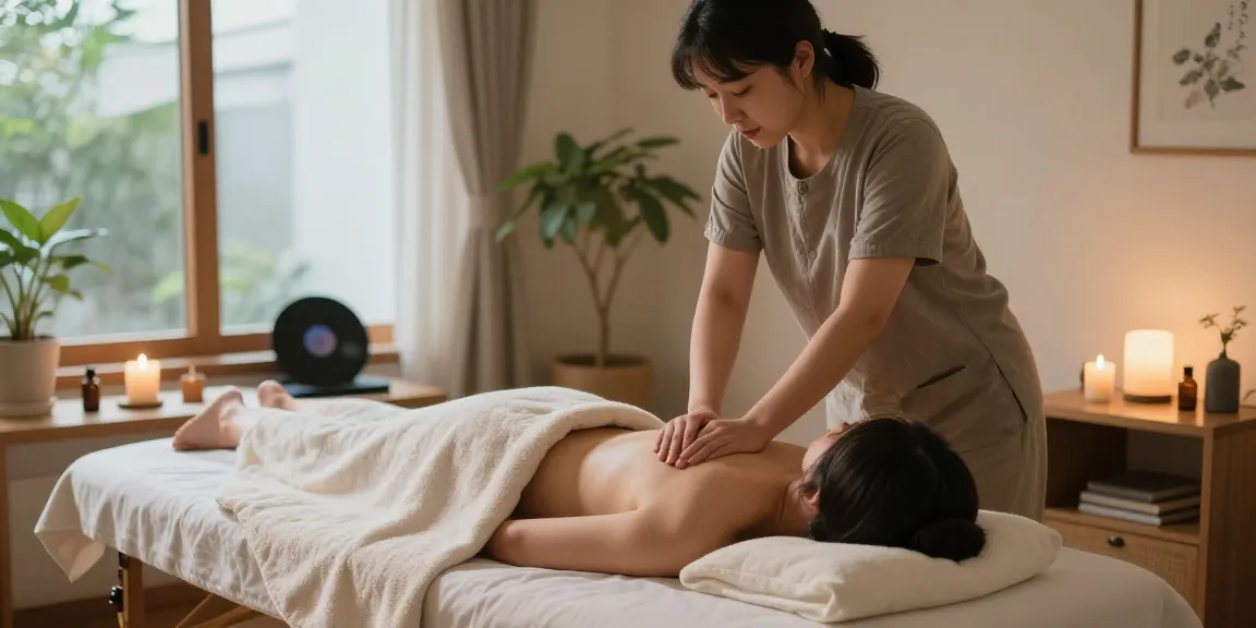 인계동출장마사지 세션을 받는 고객과 마사지 치료사의 아늑한 집에서의 편안한 장면