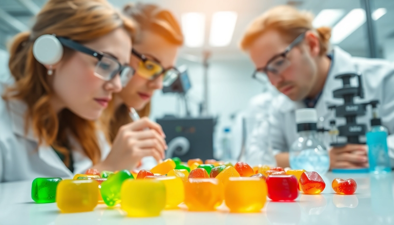 Engaging gummy supplement manufacture process highlighting colorful gummies and lab precision.
