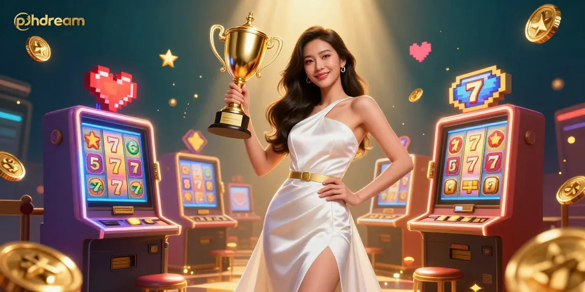 Experience thrilling slot action at phdream with a glamorous champion celebrating victory alongside colorful game elements.