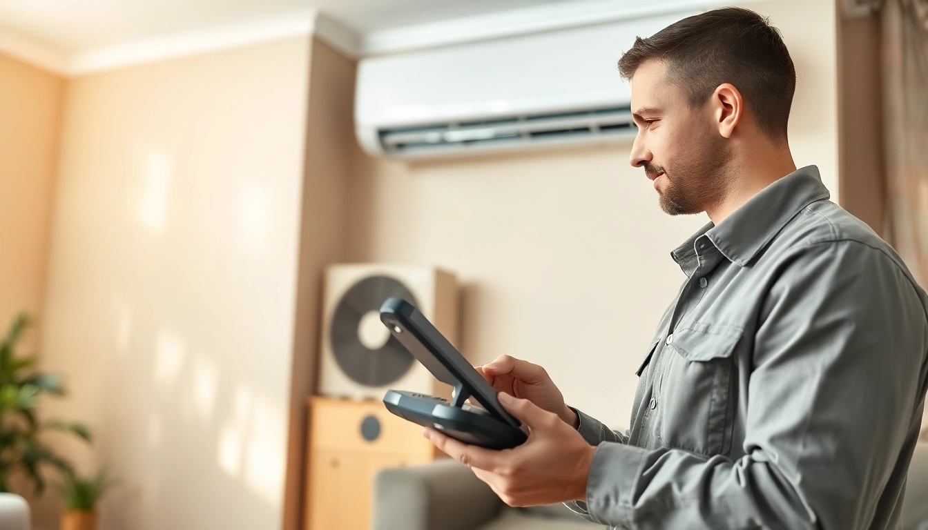 HVAC repair somers ny technician inspecting a heating and cooling system in a cozy living room.