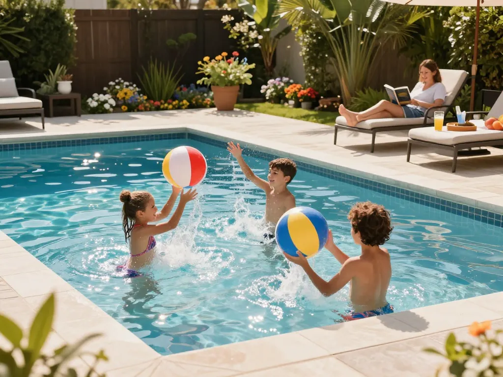 Family enjoying a sunny day by the pool highlighting Dolphin Pool Services benefits.