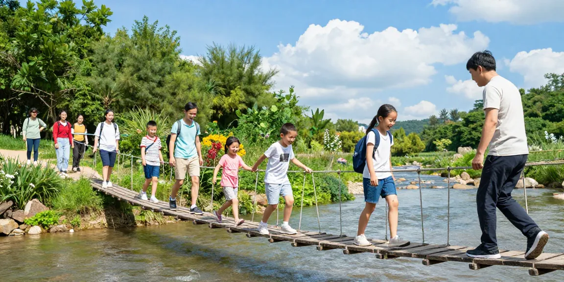 Family joyfully crossing a River Rope Bridge surrounded by nature's beauty.