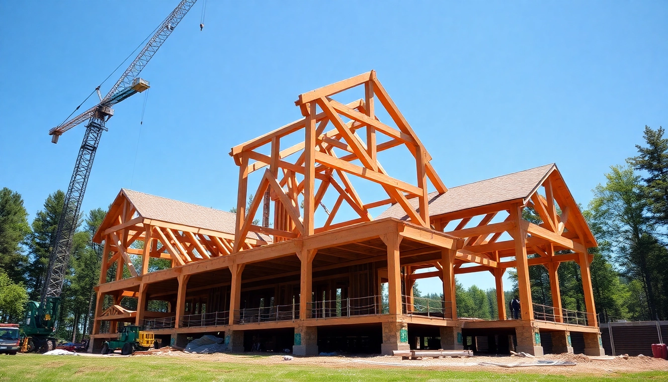 Builders assembling a structural timber frame emphasizing sustainable construction practices.