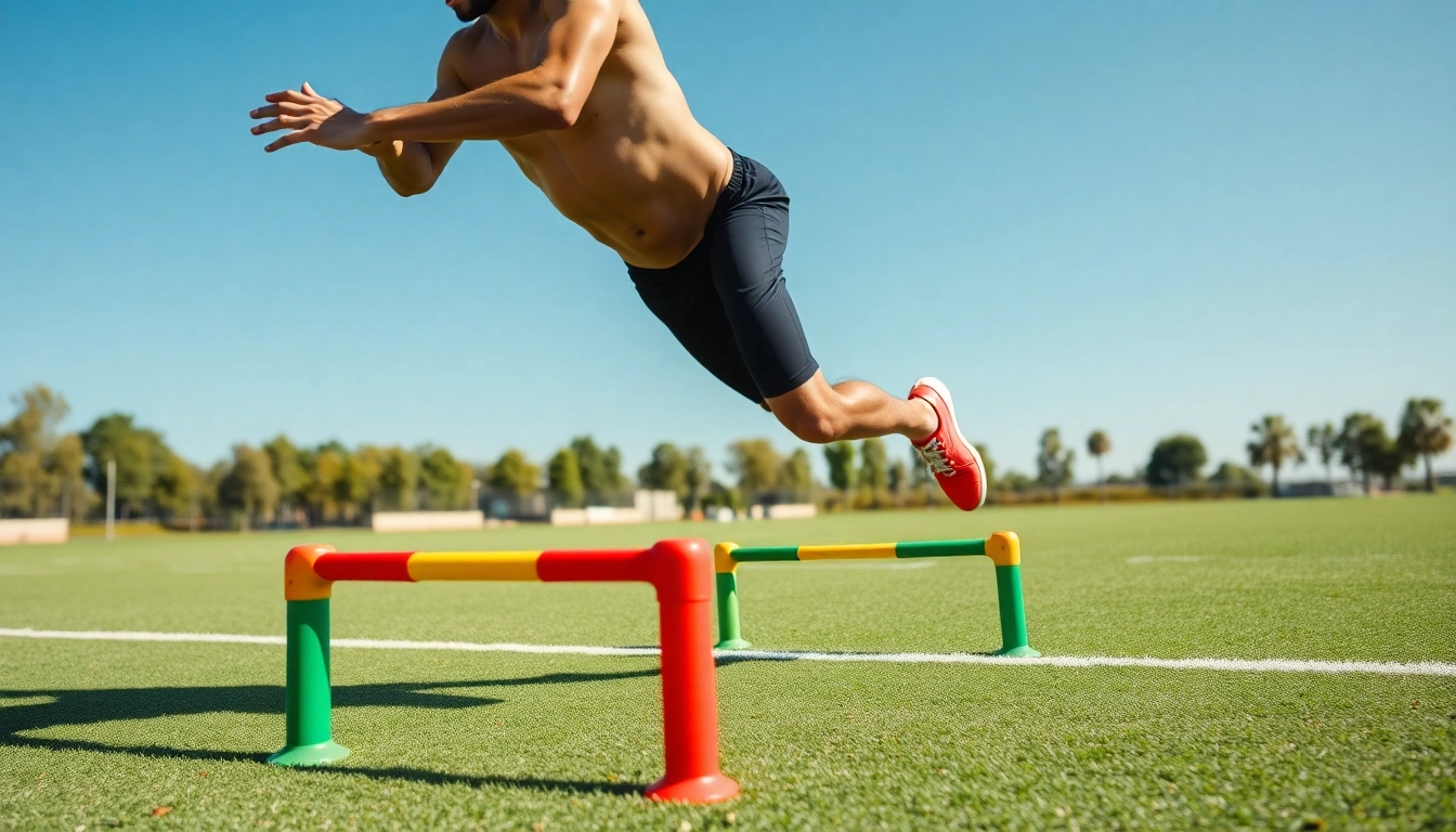Athlete demonstrating agility during outdoor training session with vibrant equipment.