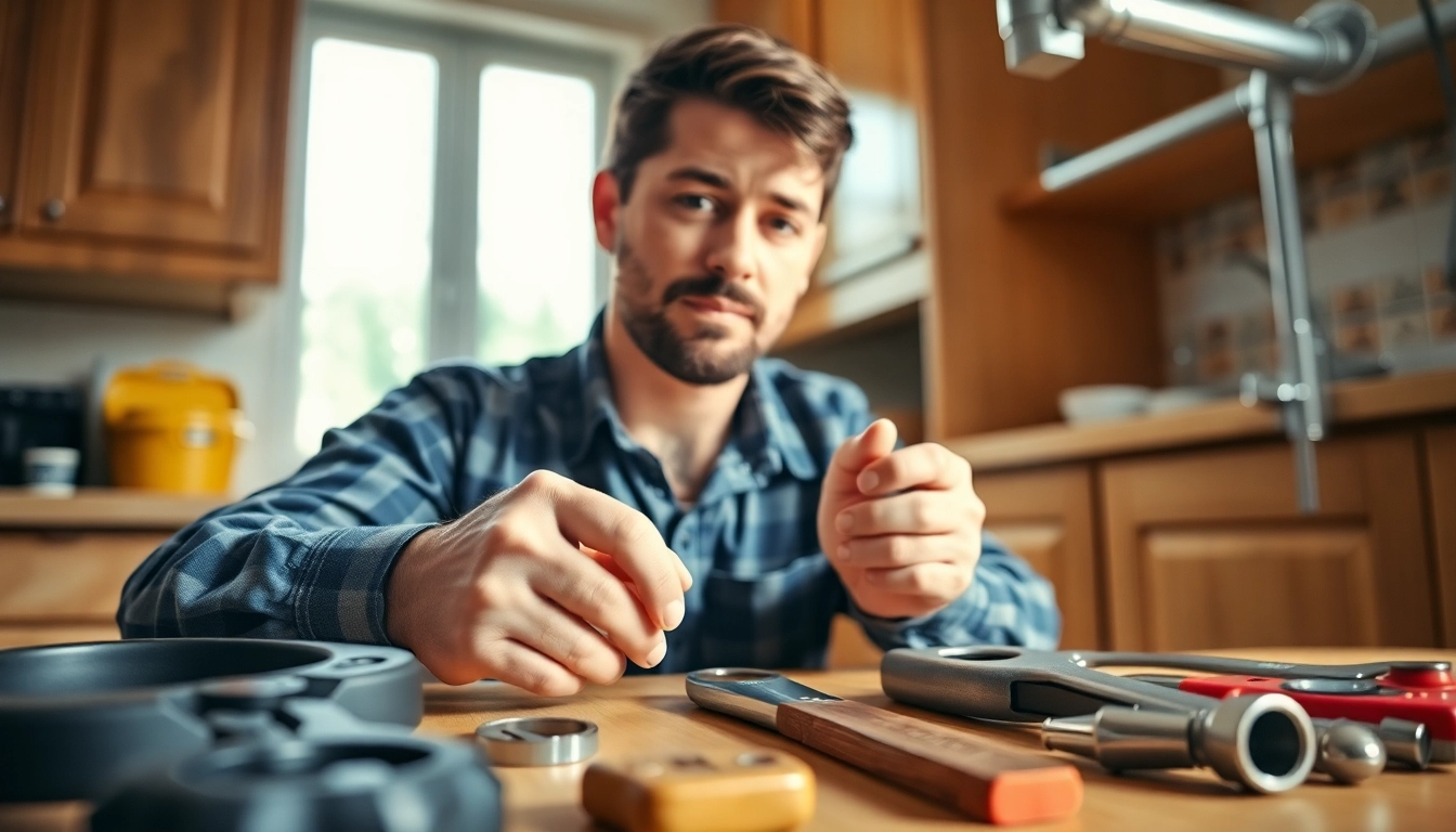 Local plumber repairing pipes in a home kitchen with a focused expression.