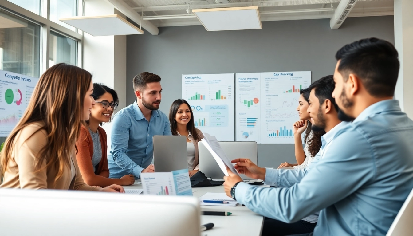 Analyze competitor pricing strategies in a collaborative office setting with diverse professionals.