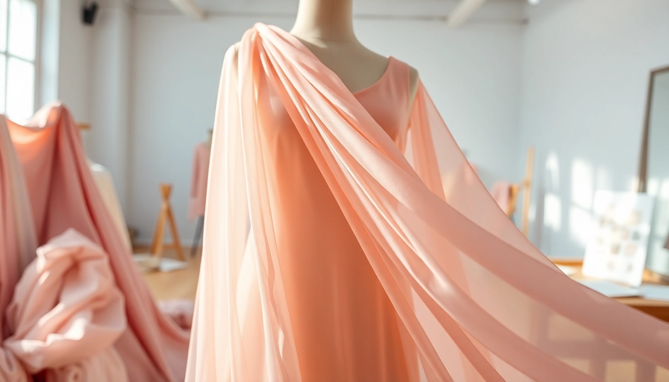 Chiffon jurk elegant gepresenteerd met delicate stoffen in pastel kleuren.