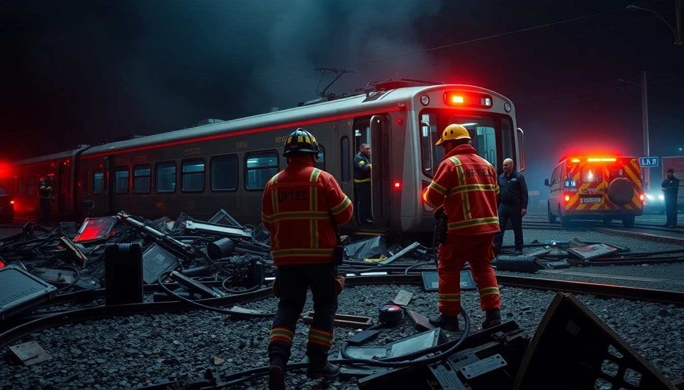 Emergency responders attending to victims of the spain train crash amid wreckage and debris.
