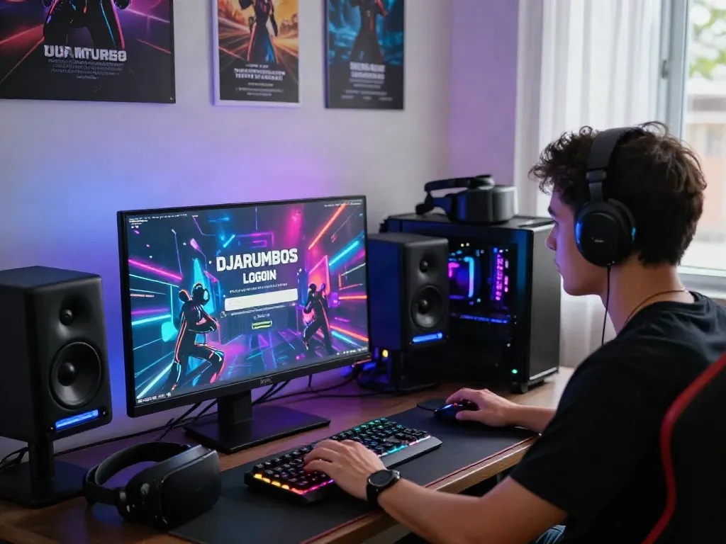 Engaged user accessing DJARUMBOS LOGIN on a vibrant gaming setup with colorful ambient lighting and tech gadgets.