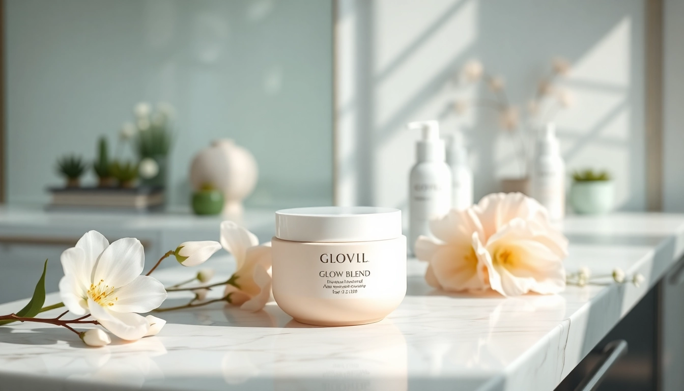Apply Glow Blend skincare product on a marble counter with floral accents.
