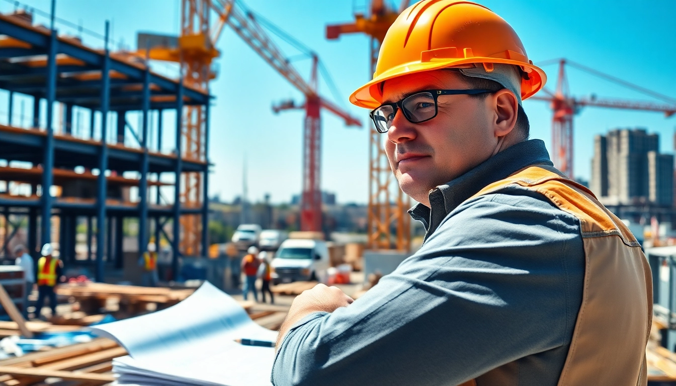 New York General Contractor managing a construction site with cranes and workers.
