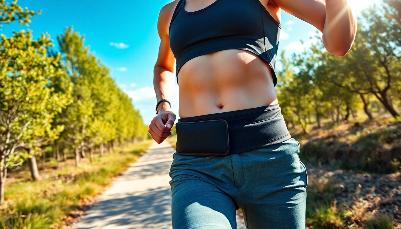 Runner demonstrating the no bounce running belt during an energetic trail run, showcasing its secure design.