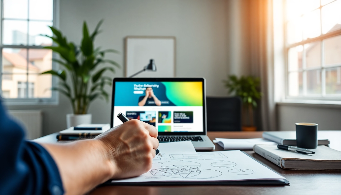 Showcasing web design Hereford with a creative workspace and a laptop displaying a vibrant mockup.