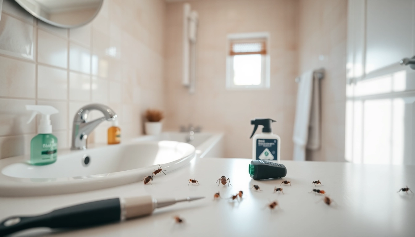 Addressing bugs in bathroom control with effective pest elimination tools in a clean bathroom.