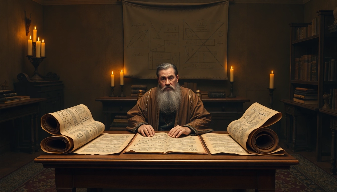 Illustration of algorithm etymology showcasing a Persian mathematician surrounded by ancient scrolls and symbols.