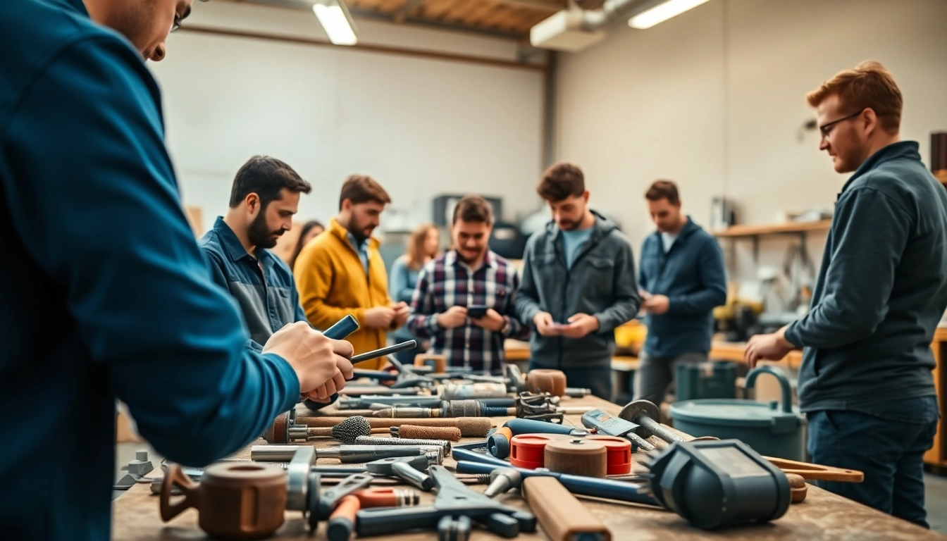 Group engaged in skilled trades training, learning tools and techniques in a bright workshop.