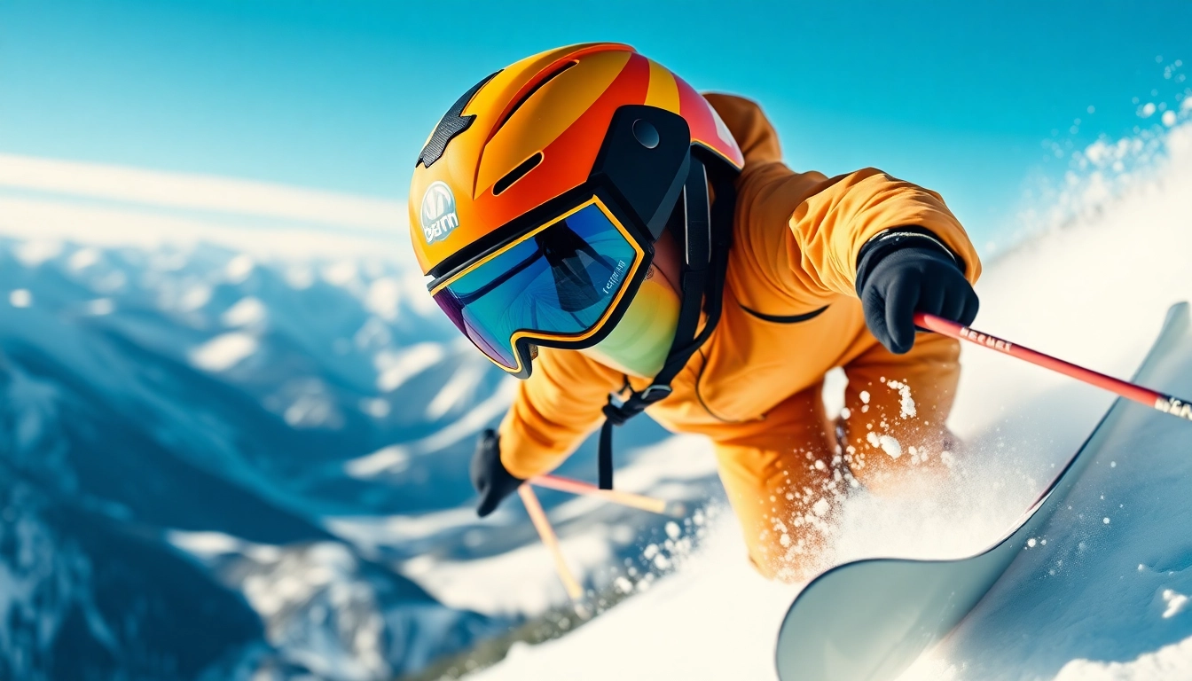 Skier in a colorful bern helmet jumps over snowy terrain, showcasing design and safety features.