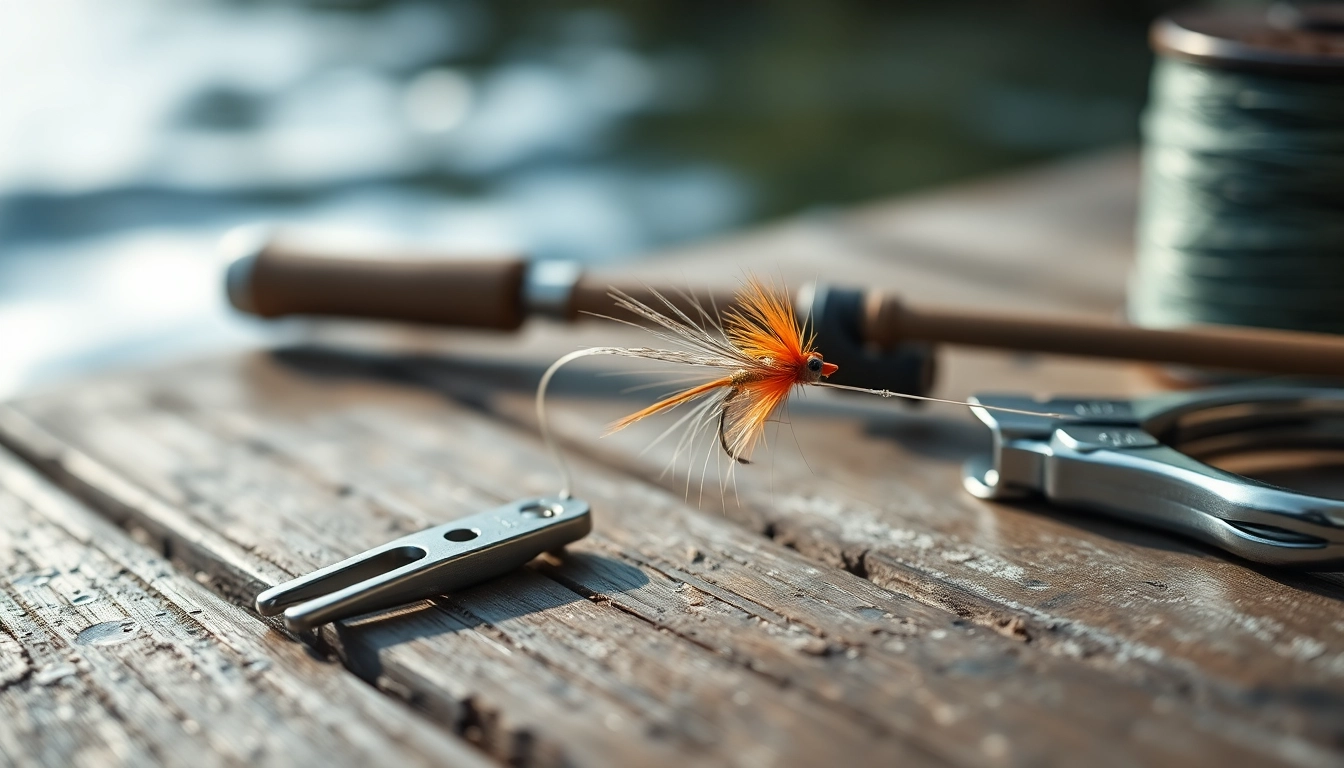 Detailing the process of attaching a fly to a fly fishing tippet on a wooden surface.