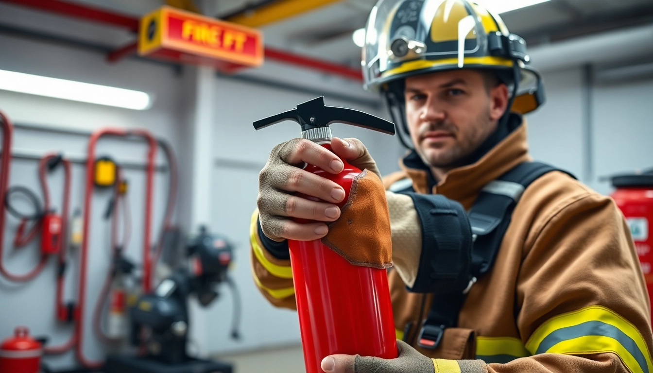 Firefighter demonstrating the proper use of a pass fire extinguisher during training.