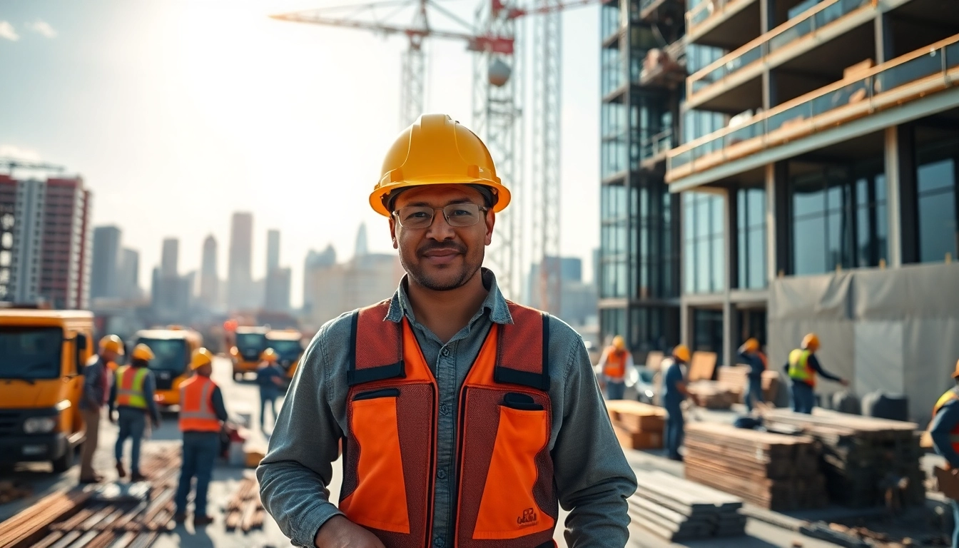 Engaged workforce in construction career at an urban site showcasing teamwork and machinery.