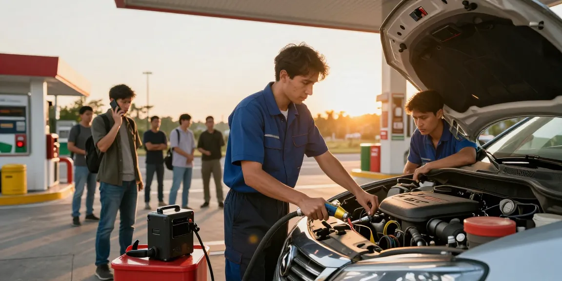 Professional technician draining petrol in diesel car at roadside service.