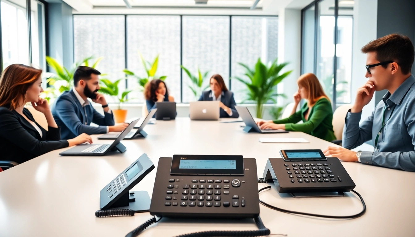 Engage with top business phone providers showcasing various communication tools in a professional setting.