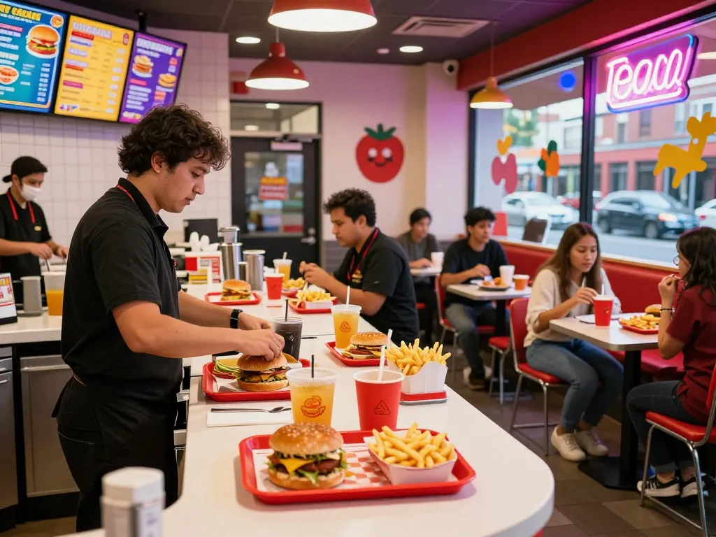 Fast food prices displayed on colorful menu boards in a bustling restaurant setting.