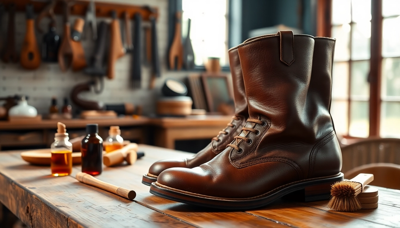 Conditioning oil-tanned leather boots with brushes and oils on a wooden table, showcasing care tools.