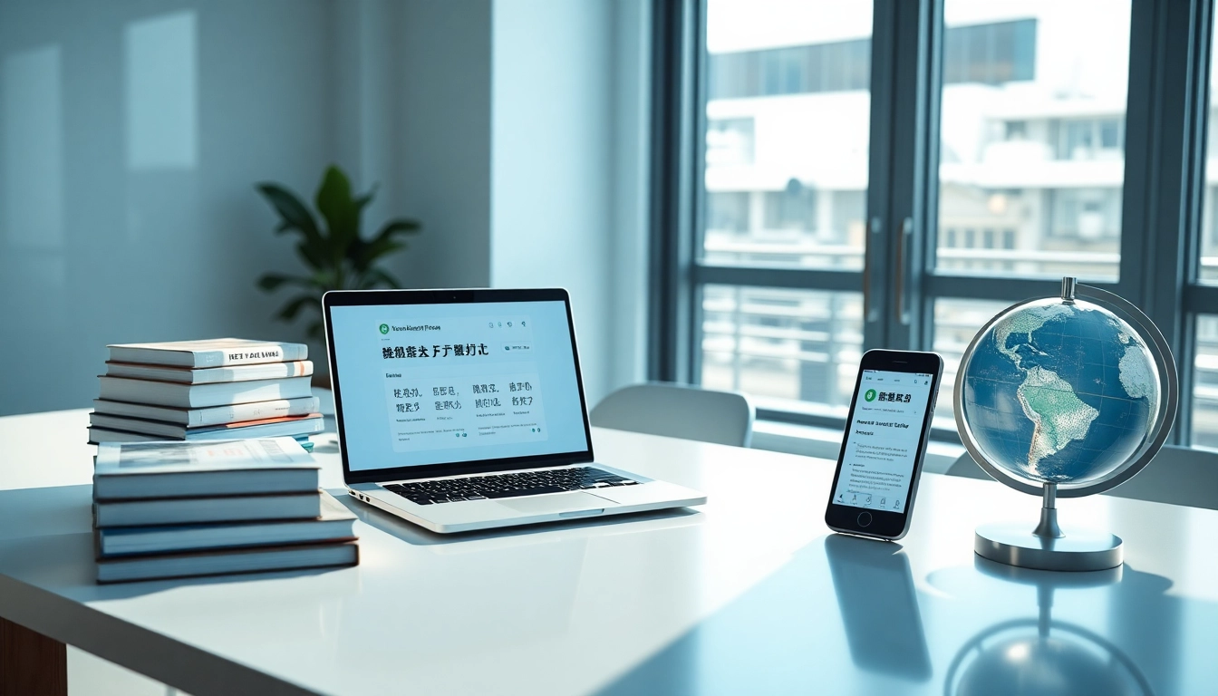 Modern digital workspace illustrating 有道翻译 technology with language books and a globe.