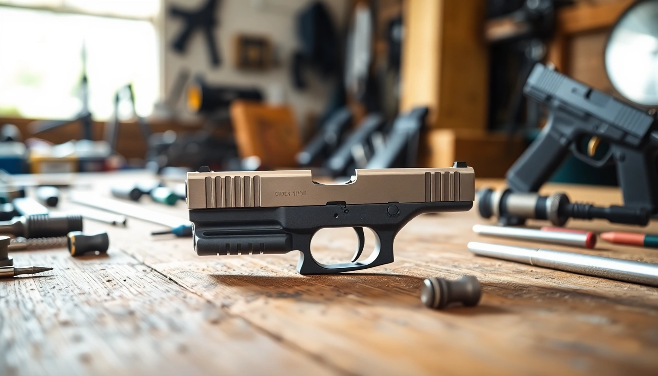 Showcasing glock 17 slide with precision tools, highlighting craftsmanship and metallic finish.