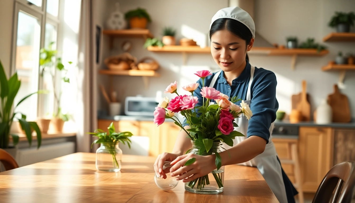 Myanmar maid expertly arranging flowers in a bright, cozy home setting.