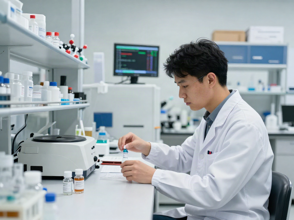 Focused scientist examining premium research peptides in a lab setting, showcasing analytical equipment and a professional atmosphere.