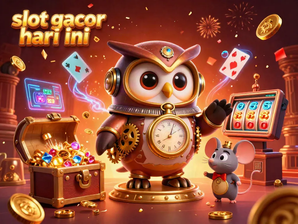 Permainan slot gacor hari ini di lingkungan kasino futuristik dengan karakter kartun waktu dan koin emas berhamburan.