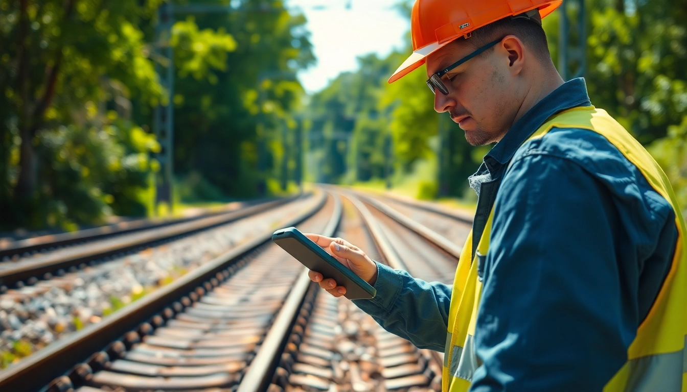 Technician performing track inspection to ensure safety and efficiency of train operations.