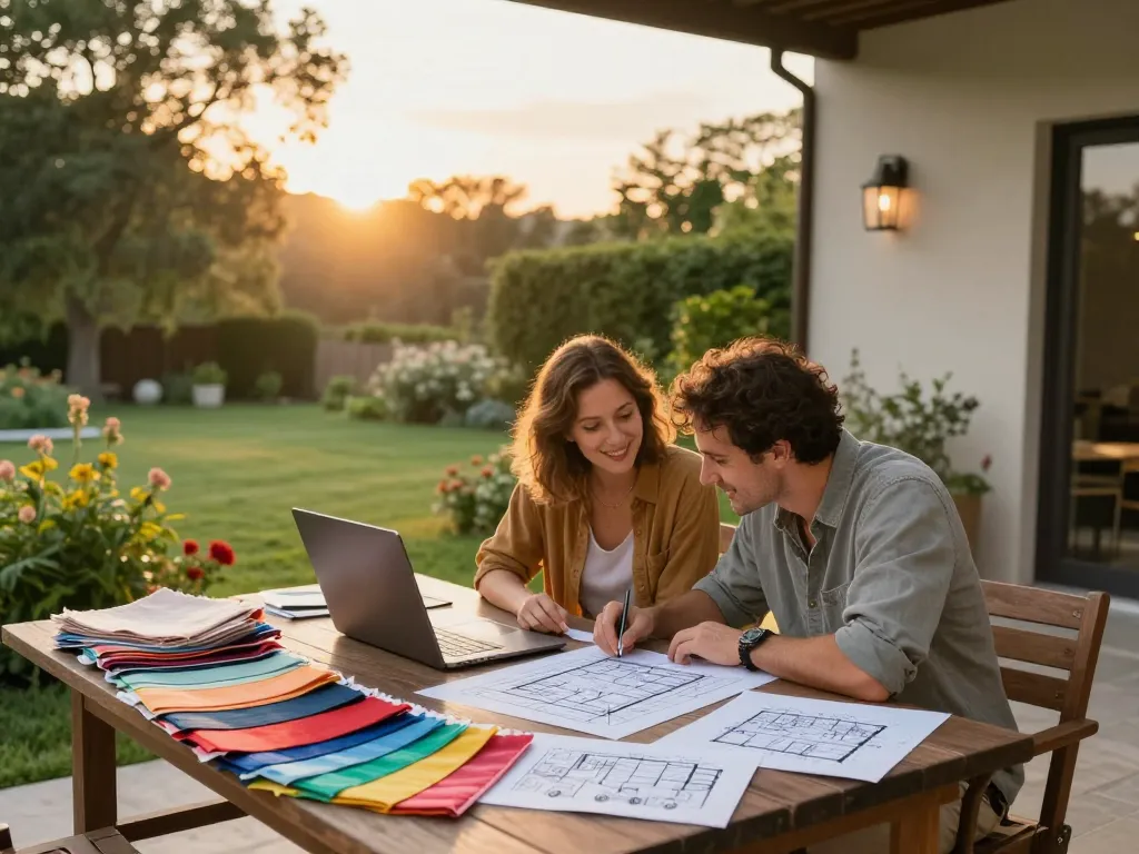 Couple using an outdoor living configurator to design their patio with swatches and sketches.