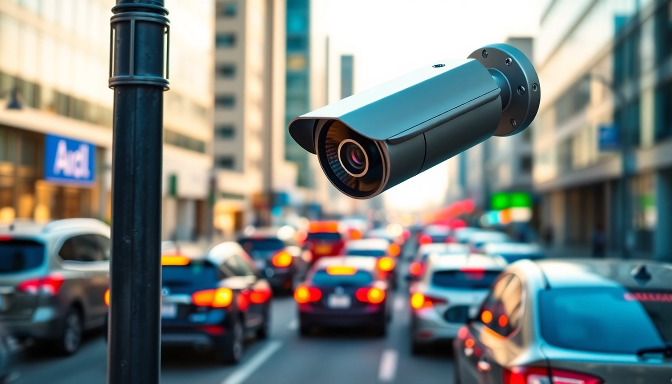 Illustration of automatic license plate recognition system monitoring vehicles in a busy city.