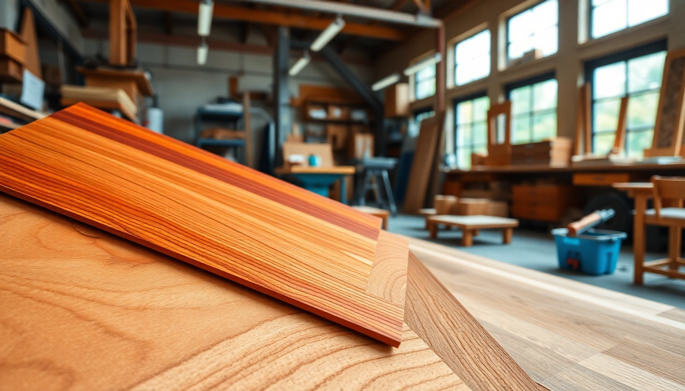 Wood veneer samples displayed in a modern workshop highlighting textures and colors.