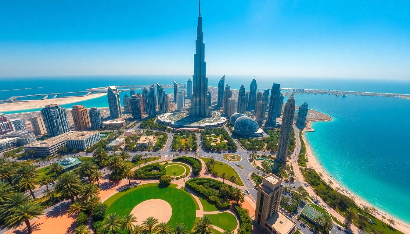 Experience the vibrant Dubai City skyline with lush greenery and iconic skyscrapers.