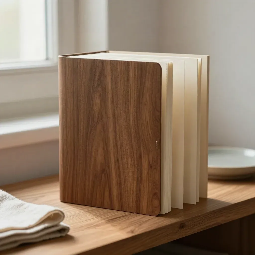 Macro of a folio, matte boards, and slim portfolio sleeves in a warm studio corner.