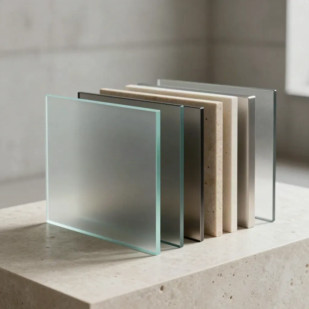 Layered glass and stone chapters on a travertine plinth under hard studio light.