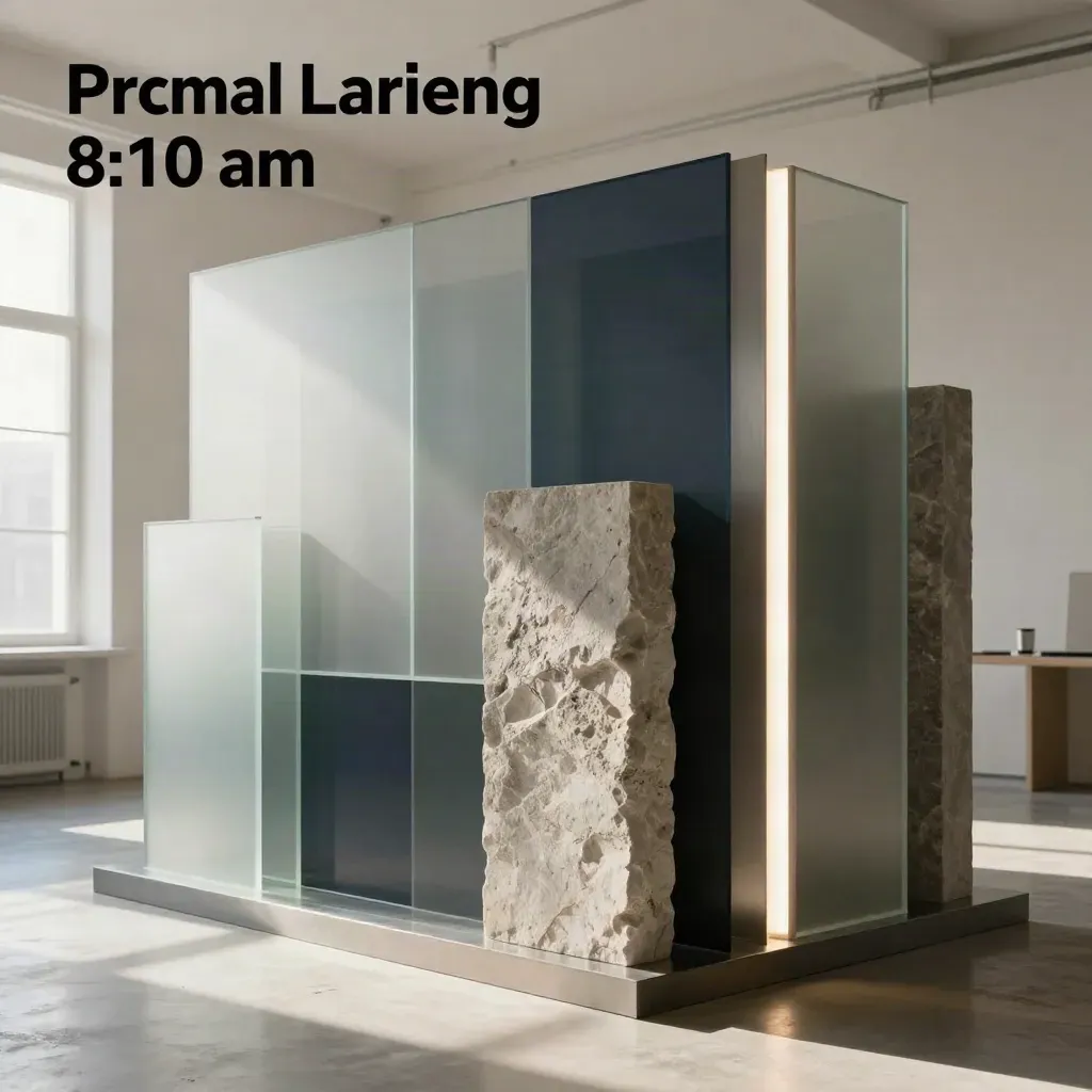 Frosted acrylic and stone installation in a loft, struck by hard morning sun and haze.