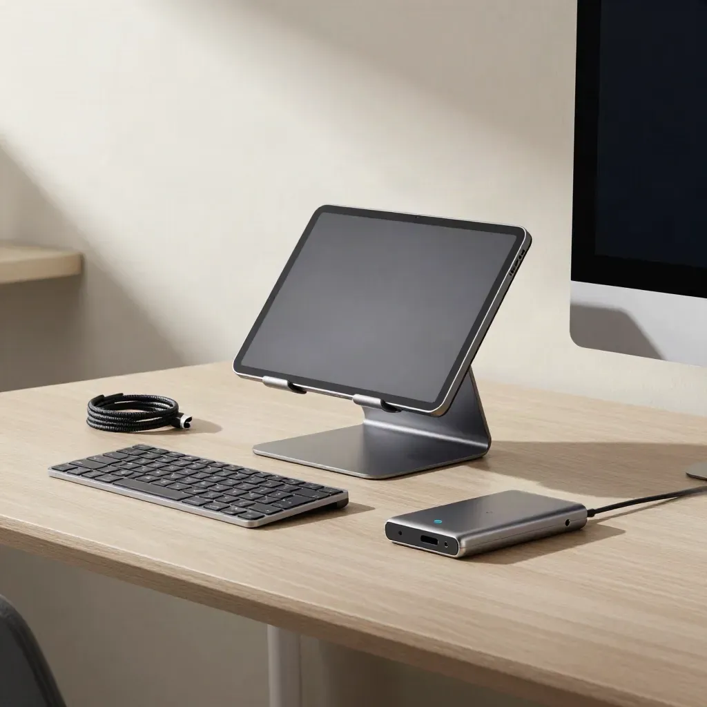 Polished creator portfolio setup with docked tablet, stand, and gear in a bright studio corner.