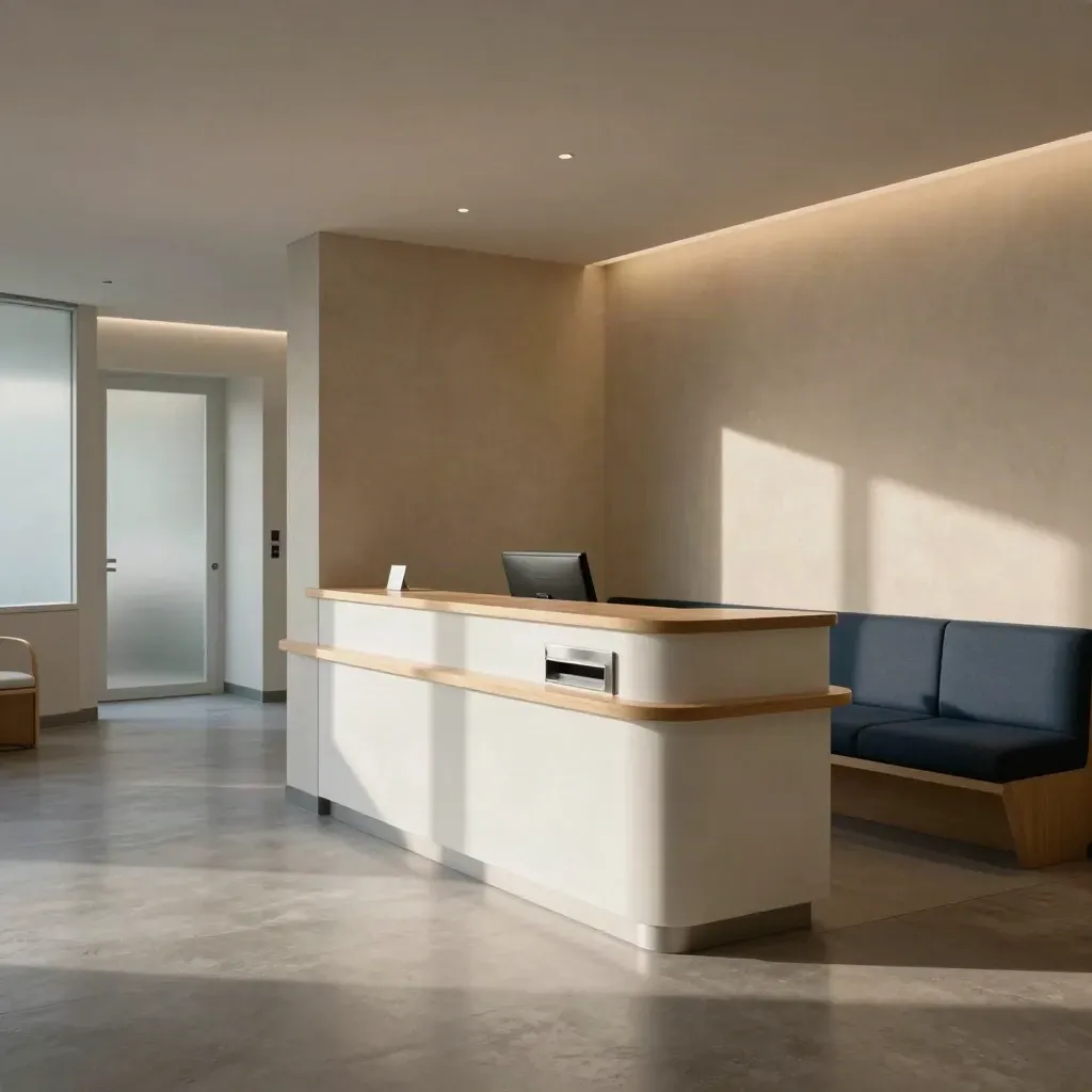 Serene clinic reception with kiosk, corridor and waiting nook, empty and softly lit.