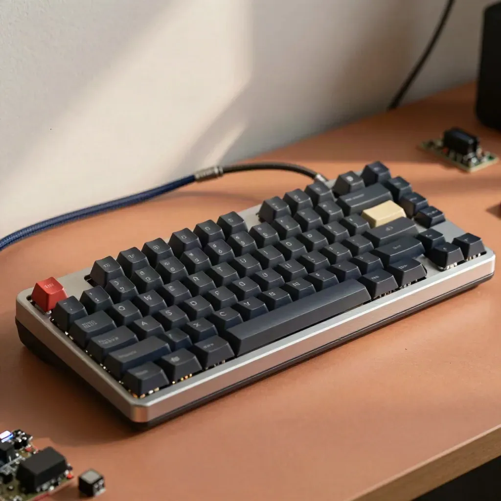 Custom mechanical keyboard with braided cable and microcontroller on a warm clay workbench