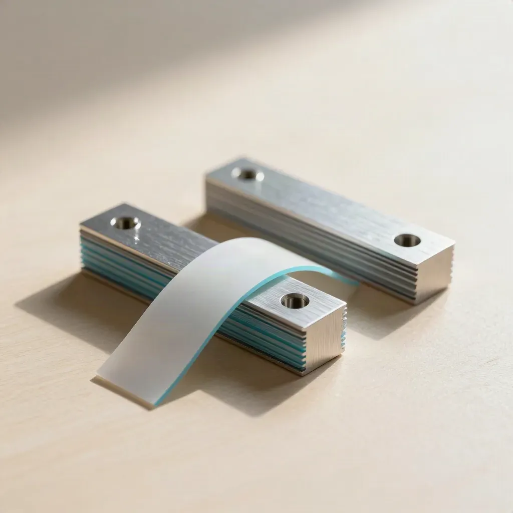 Acetate strips, aluminum standoffs and alignment block on pale wood with subtle cyan sheen.