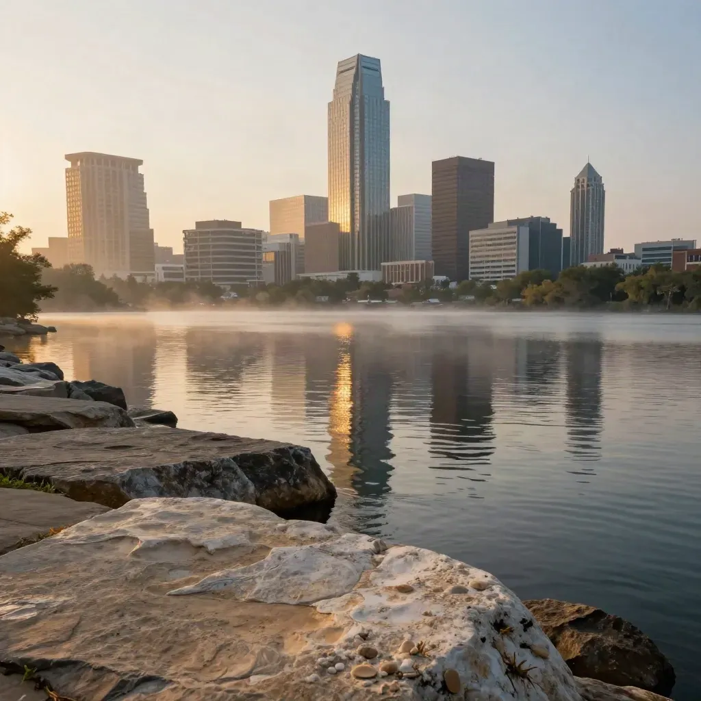 Austin skyline at sunrise over calm lake and limestone shore, warm haze, wide scenic vista.